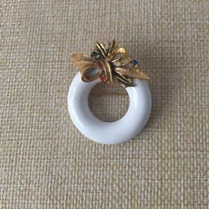 Vintage White Enamel & Gold Tone Brooch